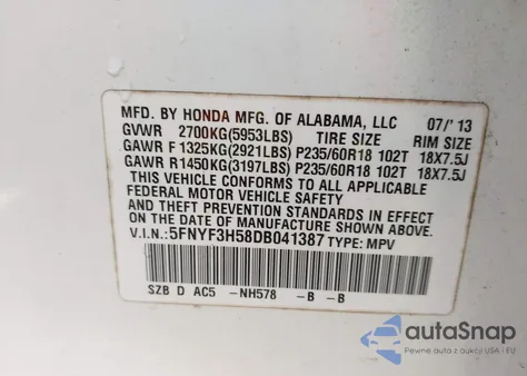 2013 Honda Pilot Ex-L z USA, uszkodzony, nr VIN 5FNYF3H58DB041387